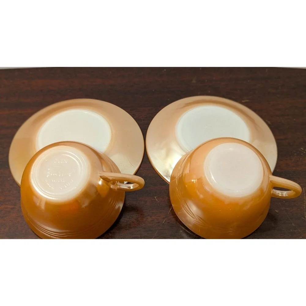 Fire King Peach Lustreware Cup Saucer Set Anchor Hocking Vintage Glass 4pc